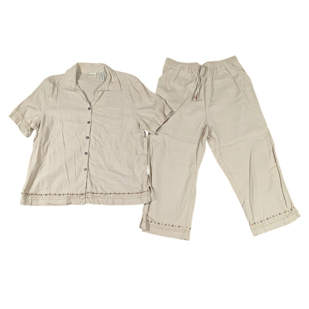 Classic Elements Womens XL Beige‎ Linen Blend Embroidered 2 Piece Pants Set